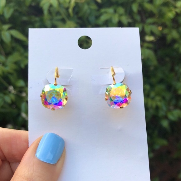 Aurora Borealis Cushion Cut Crystal Drop Earrings - Picture 7 of 7